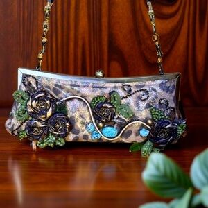 Vintage rare Mary Frances Bag,beaded,satin,kisslock,cottage core,Victorian green